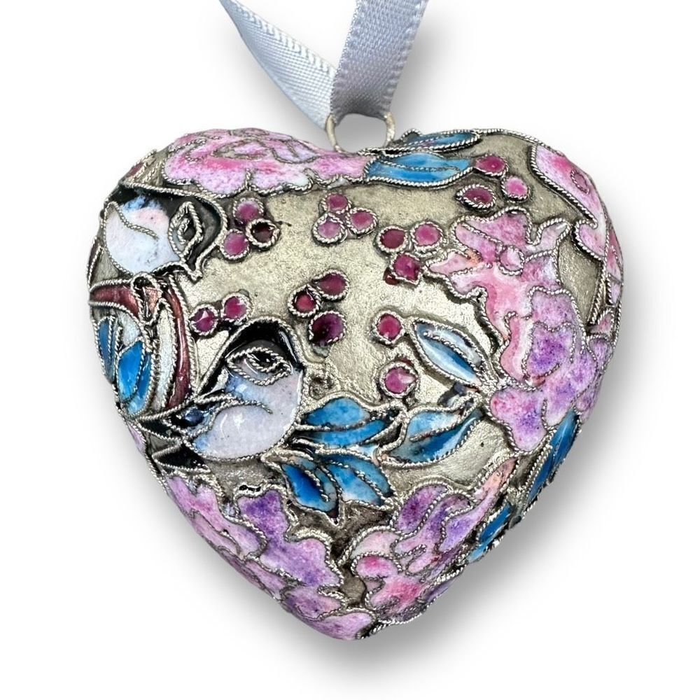 Enamel Botanical and Birds Pattern Heart Shape Pendant 2-inch‎
